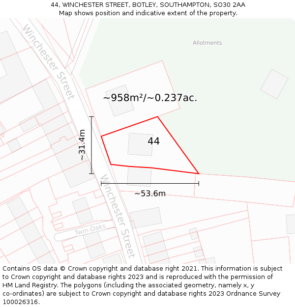 44, WINCHESTER STREET, BOTLEY, SOUTHAMPTON, SO30 2AA: Plot and title map