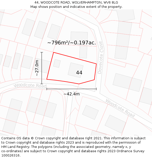 44, WOODCOTE ROAD, WOLVERHAMPTON, WV6 8LG: Plot and title map