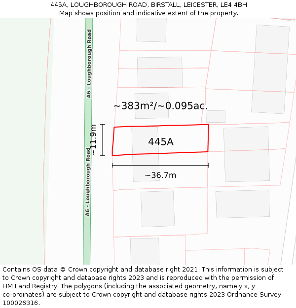 445A, LOUGHBOROUGH ROAD, BIRSTALL, LEICESTER, LE4 4BH: Plot and title map