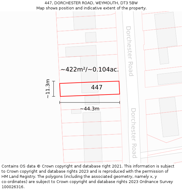 447, DORCHESTER ROAD, WEYMOUTH, DT3 5BW: Plot and title map