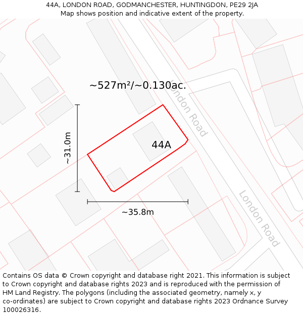 44A, LONDON ROAD, GODMANCHESTER, HUNTINGDON, PE29 2JA: Plot and title map