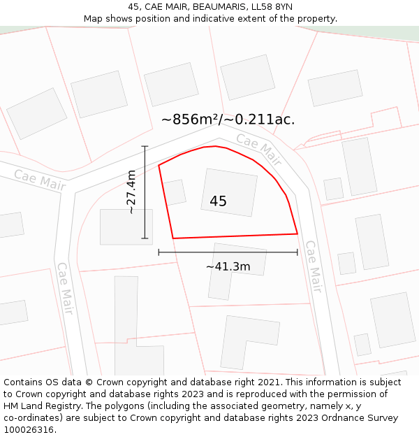 45, CAE MAIR, BEAUMARIS, LL58 8YN: Plot and title map