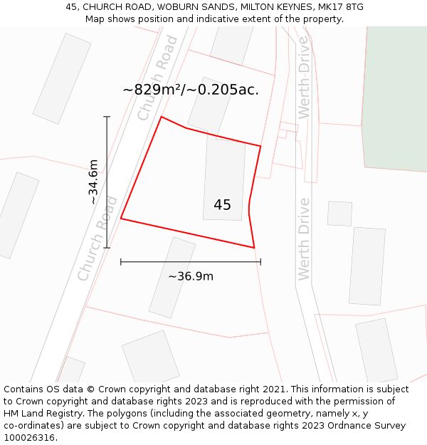 45, CHURCH ROAD, WOBURN SANDS, MILTON KEYNES, MK17 8TG: Plot and title map