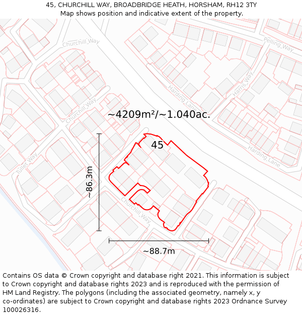 45, CHURCHILL WAY, BROADBRIDGE HEATH, HORSHAM, RH12 3TY: Plot and title map