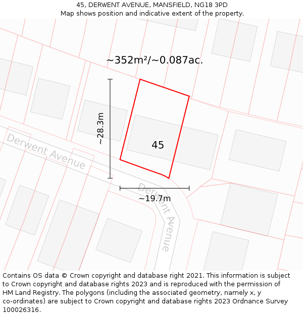 45, DERWENT AVENUE, MANSFIELD, NG18 3PD: Plot and title map