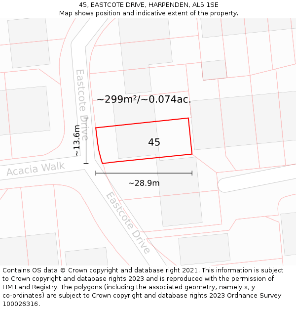 45, EASTCOTE DRIVE, HARPENDEN, AL5 1SE: Plot and title map