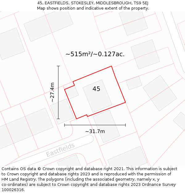 45, EASTFIELDS, STOKESLEY, MIDDLESBROUGH, TS9 5EJ: Plot and title map