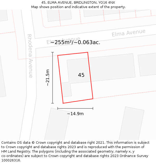 45, ELMA AVENUE, BRIDLINGTON, YO16 4NX: Plot and title map