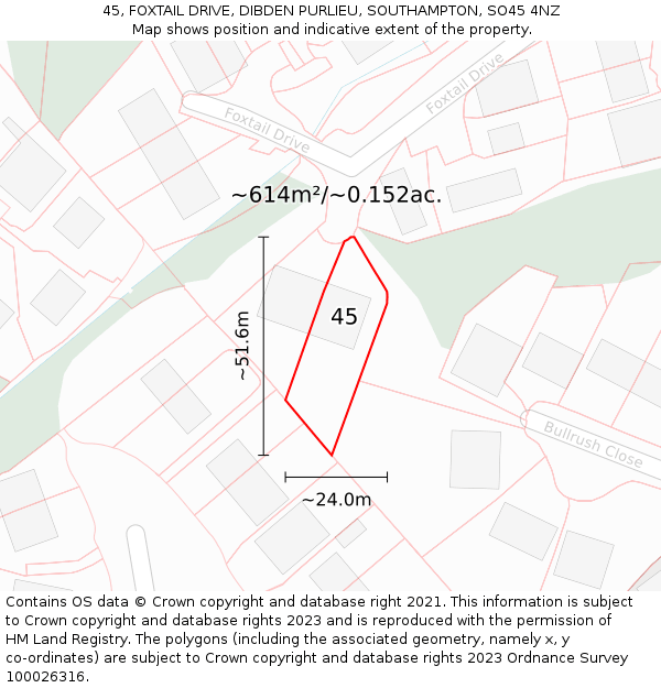 45, FOXTAIL DRIVE, DIBDEN PURLIEU, SOUTHAMPTON, SO45 4NZ: Plot and title map