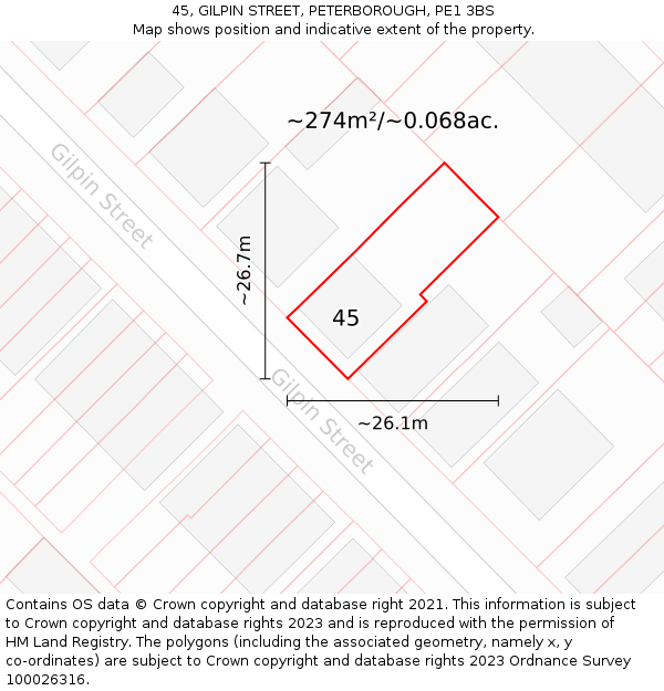 45, GILPIN STREET, PETERBOROUGH, PE1 3BS: Plot and title map