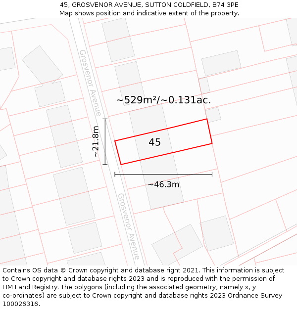 45, GROSVENOR AVENUE, SUTTON COLDFIELD, B74 3PE: Plot and title map