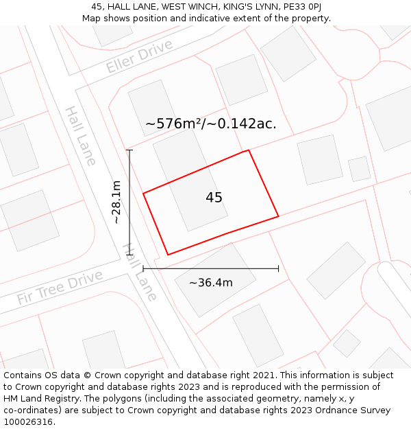 45, HALL LANE, WEST WINCH, KING'S LYNN, PE33 0PJ: Plot and title map