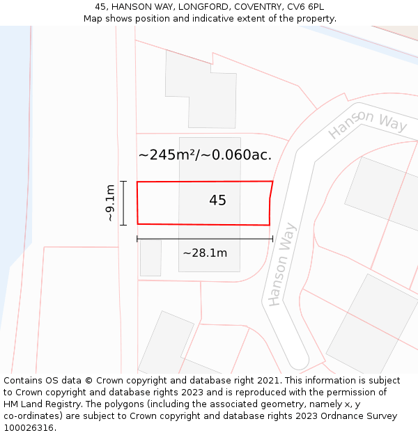 45, HANSON WAY, LONGFORD, COVENTRY, CV6 6PL: Plot and title map