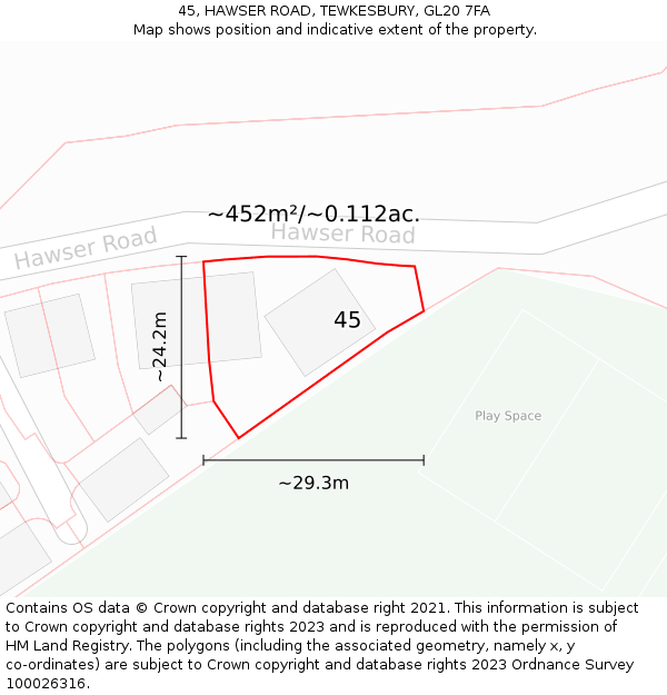 45, HAWSER ROAD, TEWKESBURY, GL20 7FA: Plot and title map