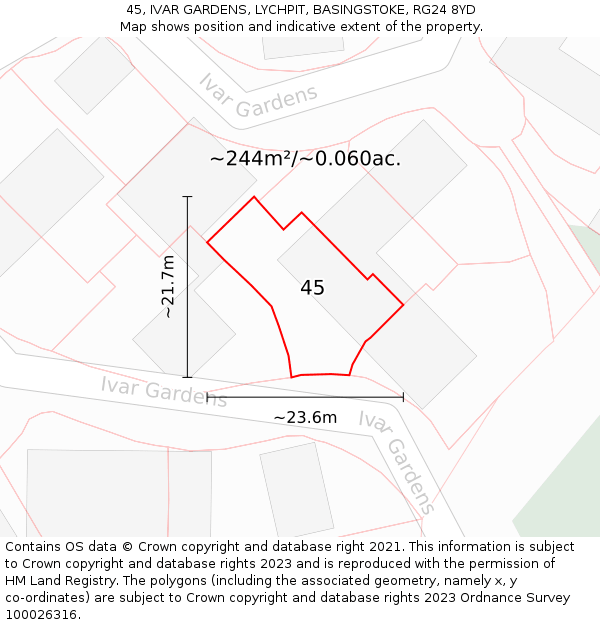 45, IVAR GARDENS, LYCHPIT, BASINGSTOKE, RG24 8YD: Plot and title map