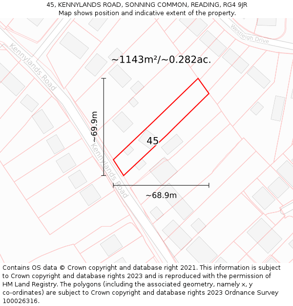 45, KENNYLANDS ROAD, SONNING COMMON, READING, RG4 9JR: Plot and title map