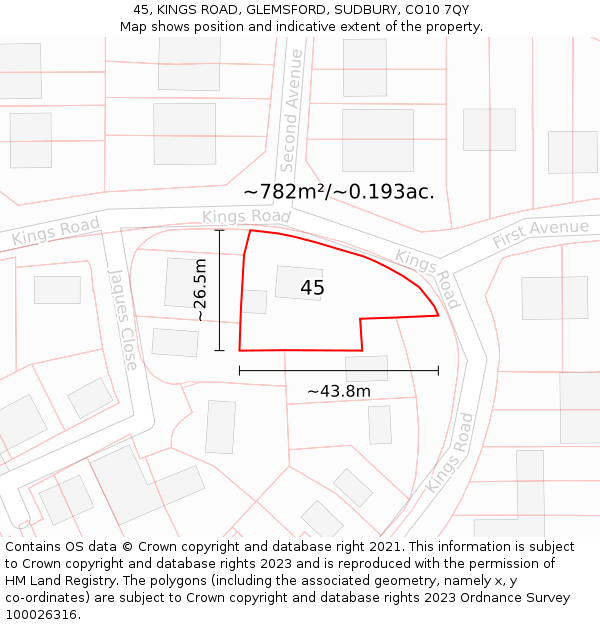 45, KINGS ROAD, GLEMSFORD, SUDBURY, CO10 7QY: Plot and title map