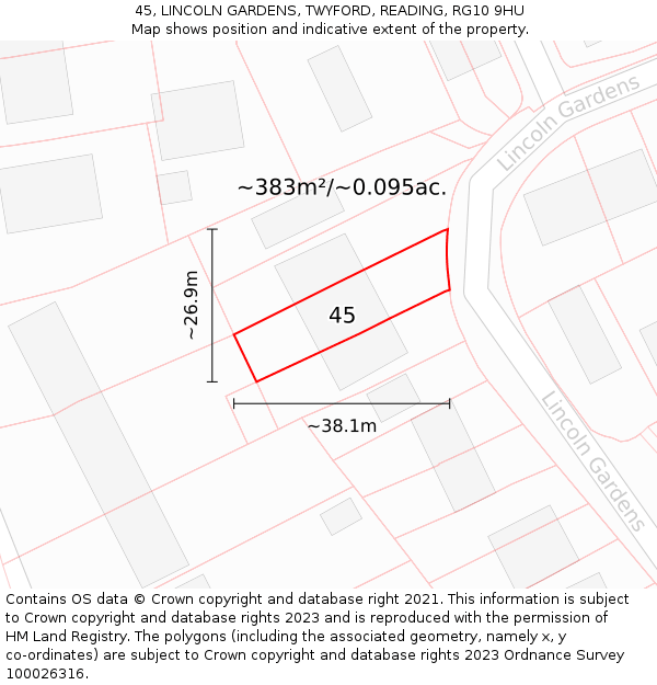 45, LINCOLN GARDENS, TWYFORD, READING, RG10 9HU: Plot and title map