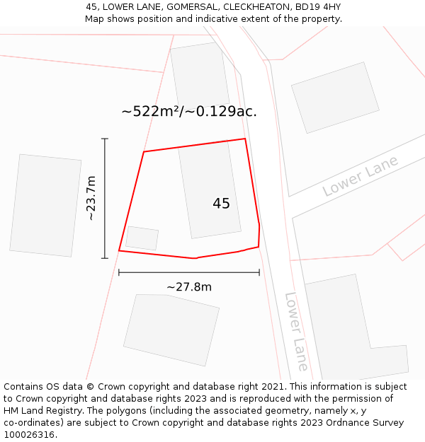 45, LOWER LANE, GOMERSAL, CLECKHEATON, BD19 4HY: Plot and title map