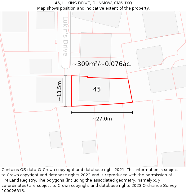 45, LUKINS DRIVE, DUNMOW, CM6 1XQ: Plot and title map