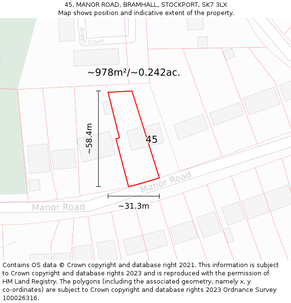 45, MANOR ROAD, BRAMHALL, STOCKPORT, SK7 3LX: Plot and title map