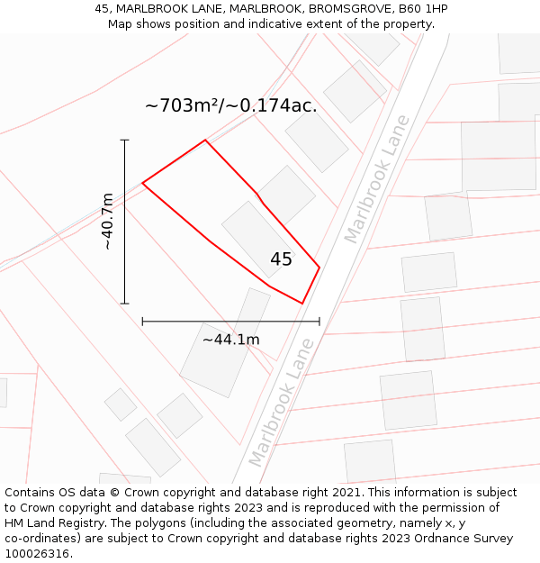 45, MARLBROOK LANE, MARLBROOK, BROMSGROVE, B60 1HP: Plot and title map