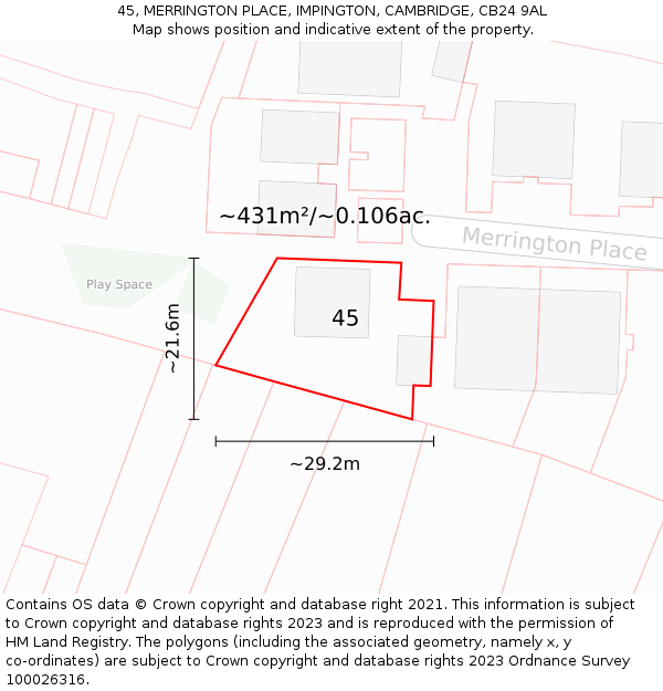 45, MERRINGTON PLACE, IMPINGTON, CAMBRIDGE, CB24 9AL: Plot and title map