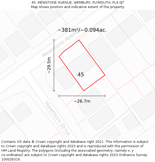 45, MEWSTONE AVENUE, WEMBURY, PLYMOUTH, PL9 0JT: Plot and title map