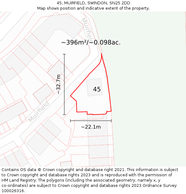 45, MUIRFIELD, SWINDON, SN25 2DD: Plot and title map