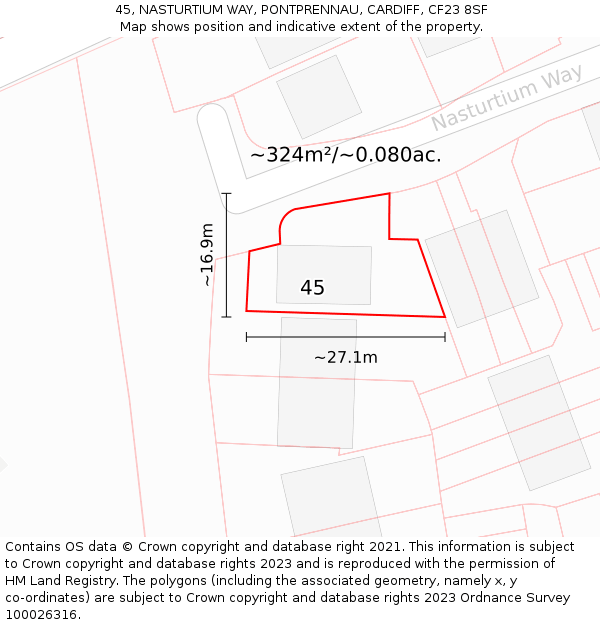 45, NASTURTIUM WAY, PONTPRENNAU, CARDIFF, CF23 8SF: Plot and title map