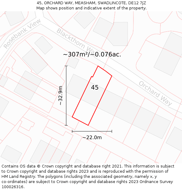 45, ORCHARD WAY, MEASHAM, SWADLINCOTE, DE12 7JZ: Plot and title map