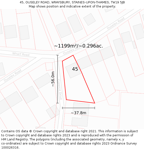 45, OUSELEY ROAD, WRAYSBURY, STAINES-UPON-THAMES, TW19 5JB: Plot and title map