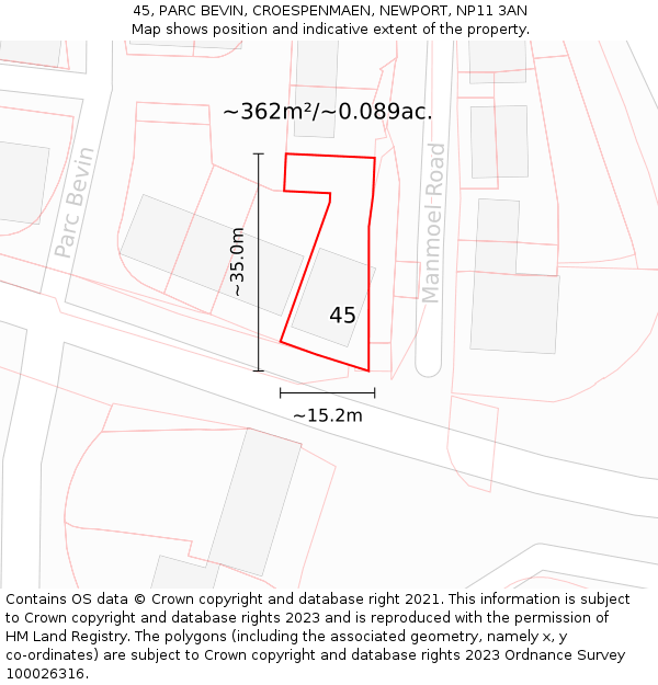 45, PARC BEVIN, CROESPENMAEN, NEWPORT, NP11 3AN: Plot and title map