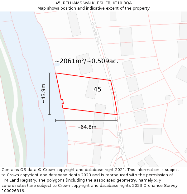 45, PELHAMS WALK, ESHER, KT10 8QA: Plot and title map