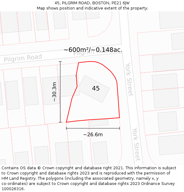 45, PILGRIM ROAD, BOSTON, PE21 6JW: Plot and title map