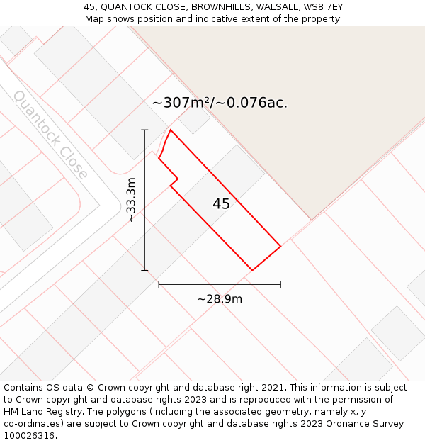 45, QUANTOCK CLOSE, BROWNHILLS, WALSALL, WS8 7EY: Plot and title map