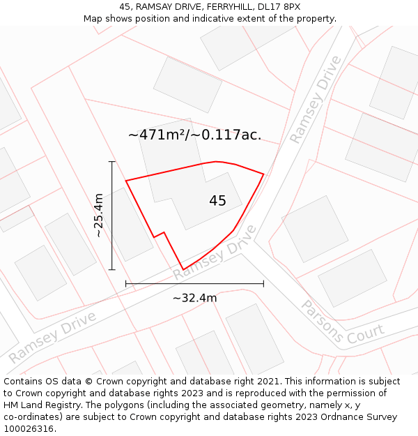 45, RAMSAY DRIVE, FERRYHILL, DL17 8PX: Plot and title map