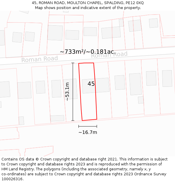 45, ROMAN ROAD, MOULTON CHAPEL, SPALDING, PE12 0XQ: Plot and title map