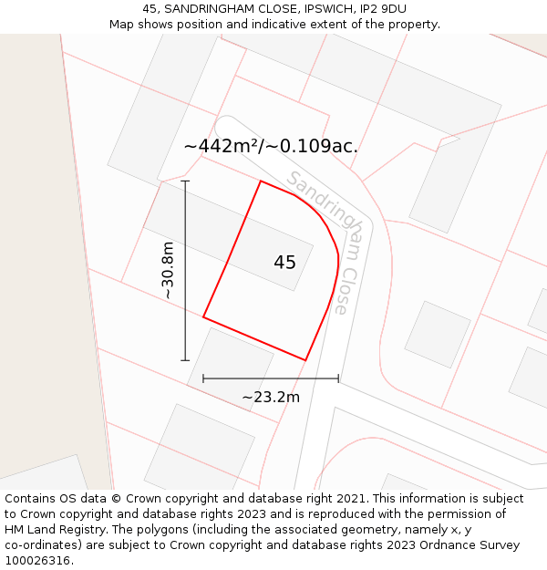 45, SANDRINGHAM CLOSE, IPSWICH, IP2 9DU: Plot and title map