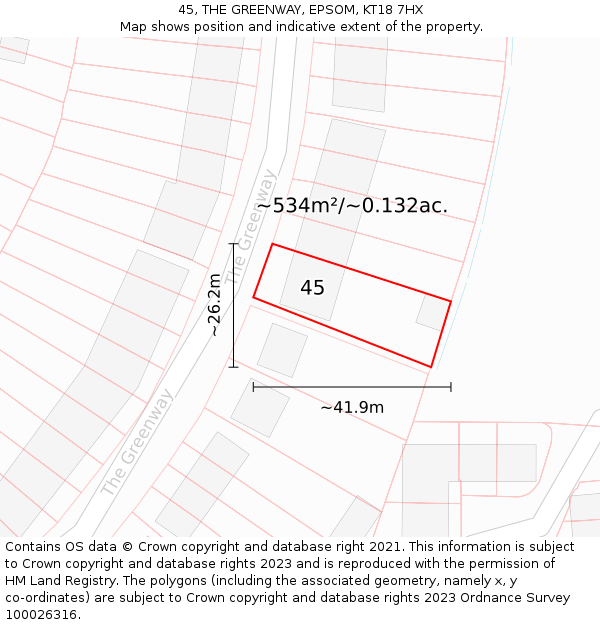 45, THE GREENWAY, EPSOM, KT18 7HX: Plot and title map