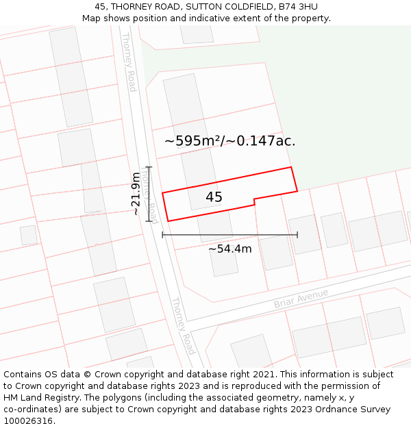 45, THORNEY ROAD, SUTTON COLDFIELD, B74 3HU: Plot and title map