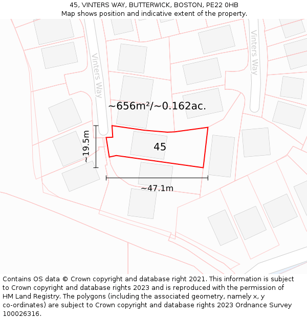 45, VINTERS WAY, BUTTERWICK, BOSTON, PE22 0HB: Plot and title map