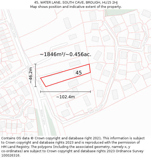 45, WATER LANE, SOUTH CAVE, BROUGH, HU15 2HJ: Plot and title map