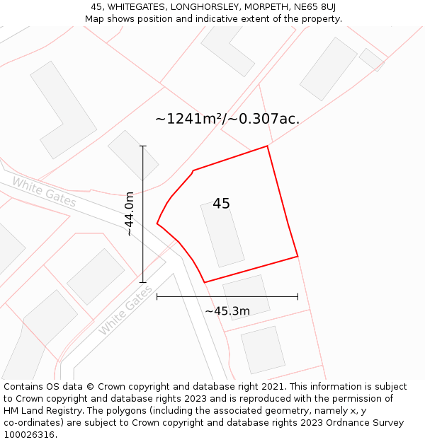 45, WHITEGATES, LONGHORSLEY, MORPETH, NE65 8UJ: Plot and title map