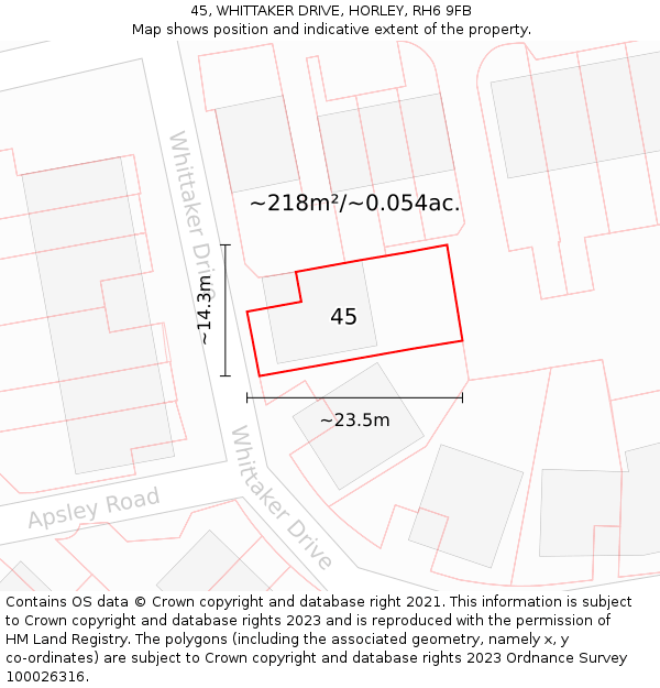 45, WHITTAKER DRIVE, HORLEY, RH6 9FB: Plot and title map