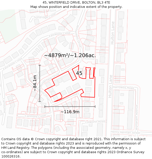 45, WINTERFIELD DRIVE, BOLTON, BL3 4TE: Plot and title map