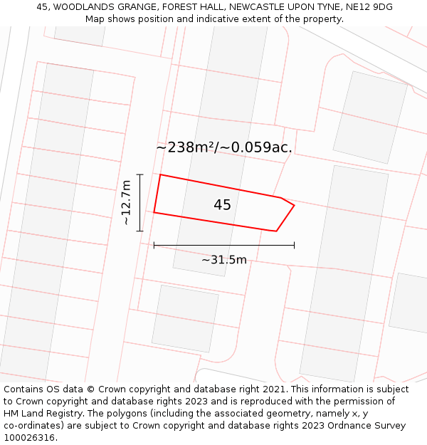 45, WOODLANDS GRANGE, FOREST HALL, NEWCASTLE UPON TYNE, NE12 9DG: Plot and title map