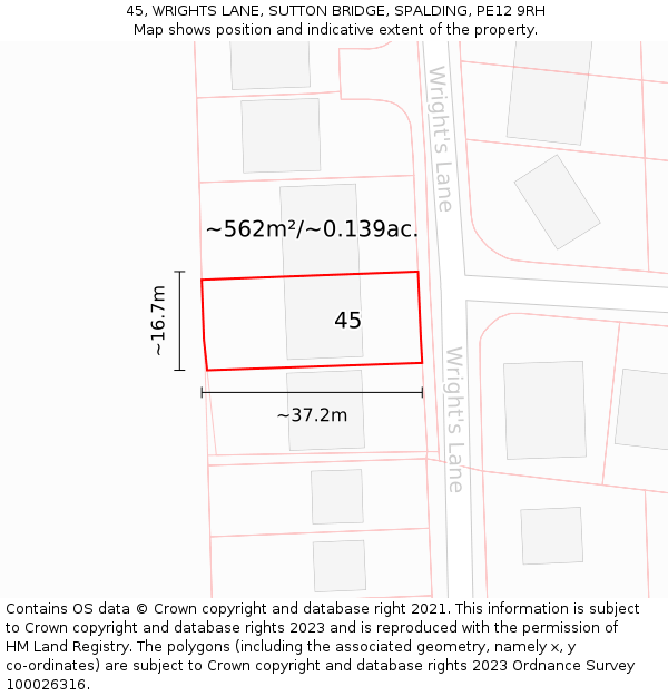 45, WRIGHTS LANE, SUTTON BRIDGE, SPALDING, PE12 9RH: Plot and title map