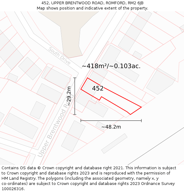 452, UPPER BRENTWOOD ROAD, ROMFORD, RM2 6JB: Plot and title map