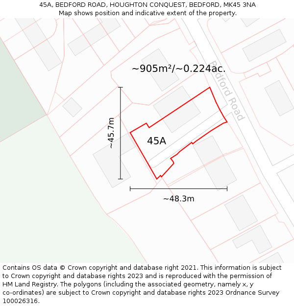 45A, BEDFORD ROAD, HOUGHTON CONQUEST, BEDFORD, MK45 3NA: Plot and title map